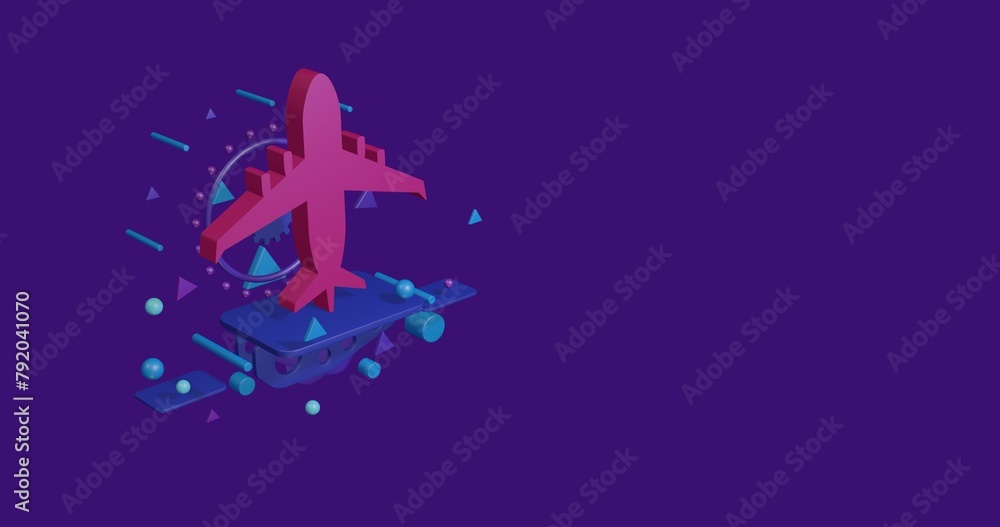 Poster pink airplane symbol on a pedestal of abstract geometric shapes floating in the air. abstract concep