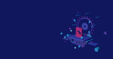 Pink washer symbol on a pedestal of abstract geometric shapes floating in the air. Abstract concept art with flying shapes on the right. 3d illustration on indigo background