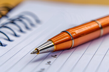 A pen is sitting on a piece of paper with a spiral bound notebook. The pen is orange and has a silver tip. The notebook is open to a page with writing on it. Concept of organization and productivity