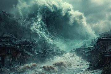 Tuinposter The clash between a tsunami and a coastal village, symbolizing the collision of powerful ocean waves and seaside communities. Concept of natural disasters in coastal regions. Generative Ai. © Sebastian