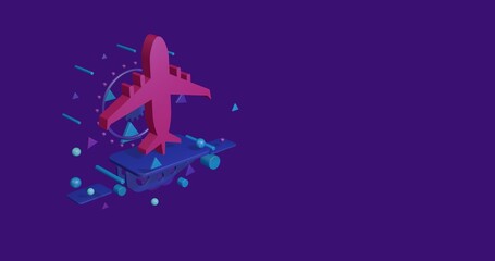 Pink airplane symbol on a pedestal of abstract geometric shapes floating in the air. Abstract concept art with flying shapes on the left. 3d illustration on deep purple background