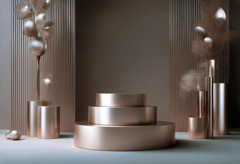 'minimal gold splay background pedestal empty podium Rose 3D rendering product poduim dais three-dimensional display racked illustration showcase stage'