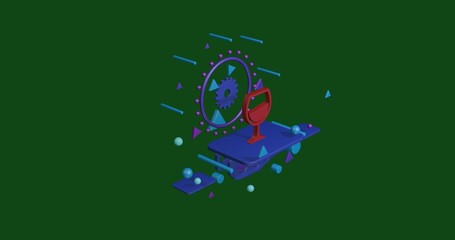 Red wineglass symbol on a pedestal of abstract geometric shapes floating in the air. Abstract concept art with flying shapes in the center. 3d illustration on green background
