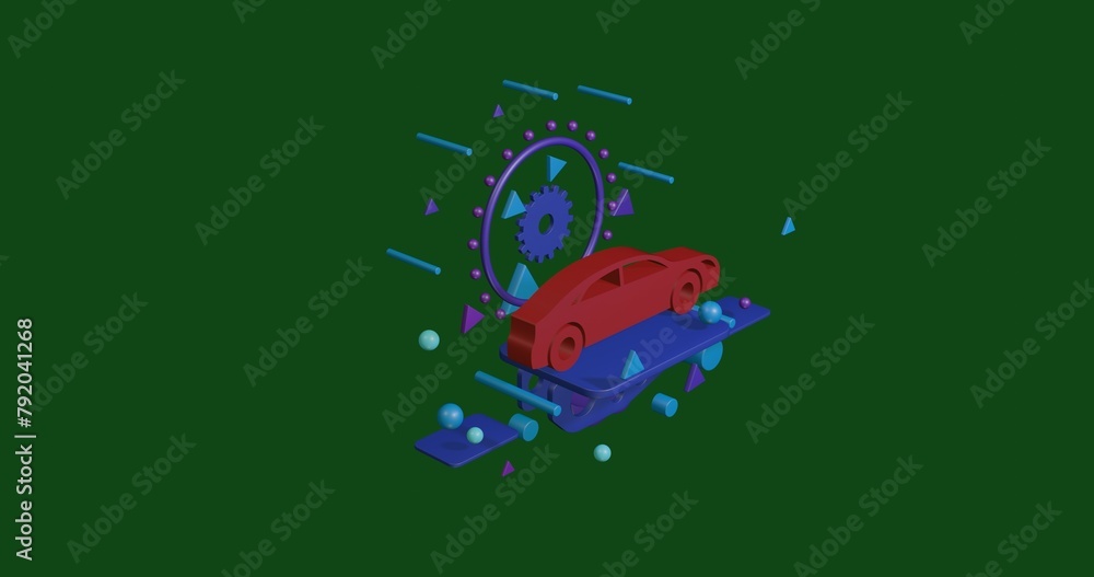 Poster red car symbol on a pedestal of abstract geometric shapes floating in the air. abstract concept art 