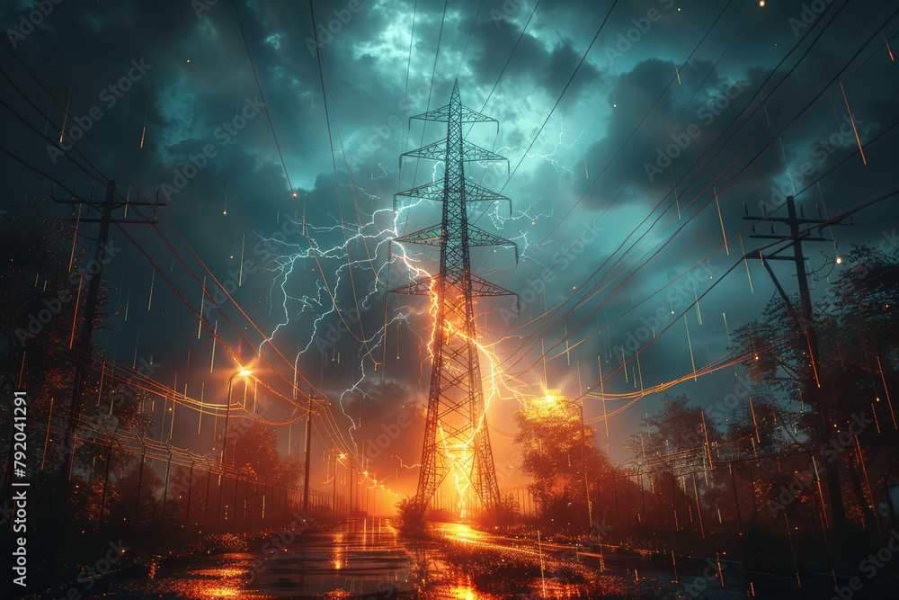 Poster the meeting point of a thunderstorm and a power grid, depicting the collision of lightning strikes a