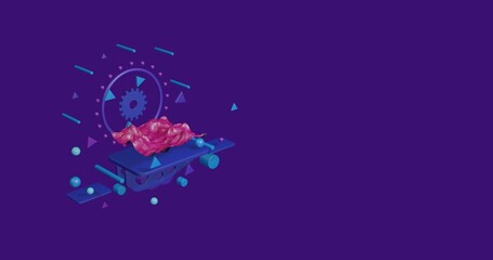 Pink terrain on a pedestal of abstract geometric shapes floating in the air. Abstract concept art with flying shapes on the left. 3d illustration on deep purple background