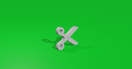 Isolated realistic white scissors symbol front view with shadow. 3d illustration on green chroma key background