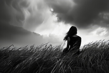 A woman is sitting in a field of tall grass. The sky is cloudy and the grass is dry. The woman is alone and is looking off into the distance. Scene is somber and contemplative