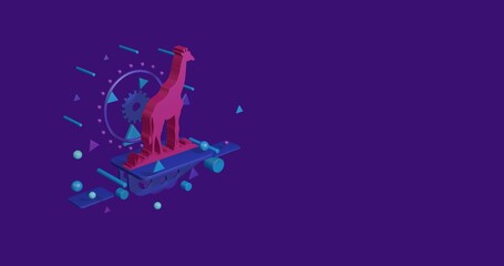Pink giraffe symbol on a pedestal of abstract geometric shapes floating in the air. Abstract concept art with flying shapes on the left. 3d illustration on deep purple background