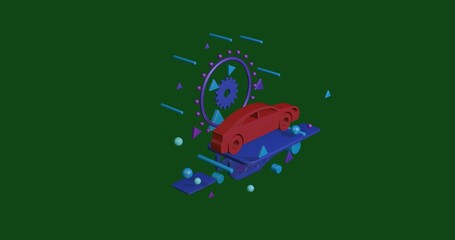 Red car symbol on a pedestal of abstract geometric shapes floating in the air. Abstract concept art with flying shapes in the center. 3d illustration on green background
