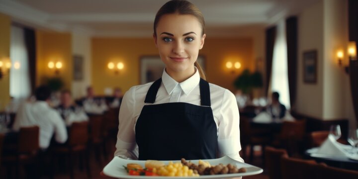 A girl waitress in a special uniform stands in a restaurant with a dish. Generative AI.