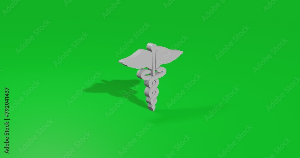 Poster isolated realistic white caduceus symbol front view with shadow. 3d illustration on green chroma key