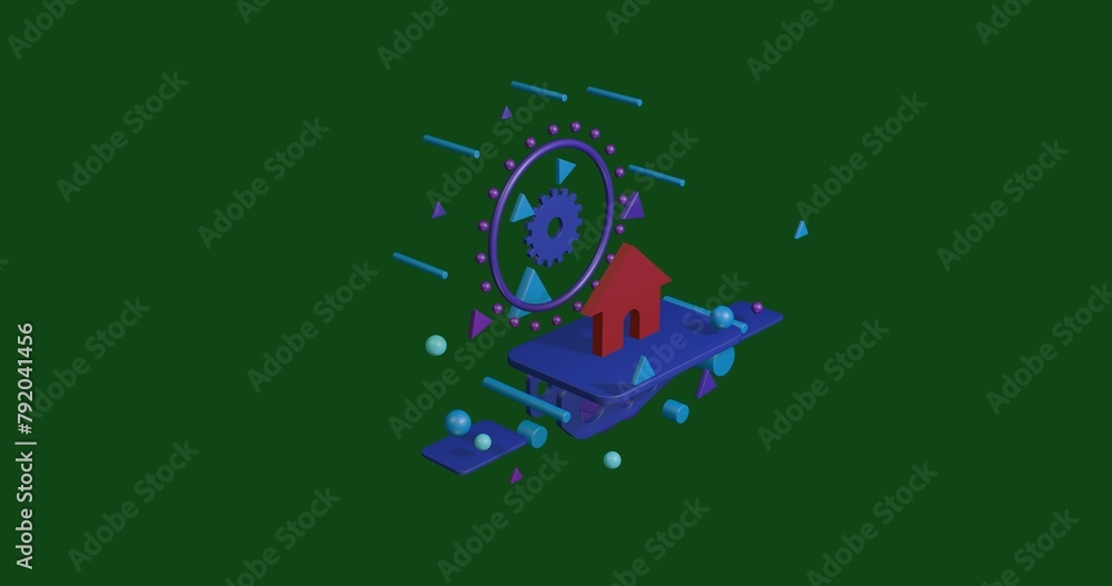 Poster red kennel symbol on a pedestal of abstract geometric shapes floating in the air. abstract concept a