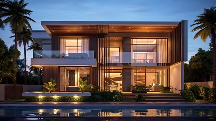Panoramic view of modern cozy house with pool and parking. - Powered by Adobe