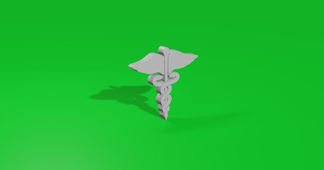 Isolated realistic white caduceus symbol front view with shadow. 3d illustration on green chroma key background