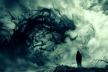 A person stands on a hillside looking at a large, dark, twisted tree. The tree is surrounded by smoke and the sky is cloudy. Scene is eerie and ominous - obrazy, fototapety, plakaty