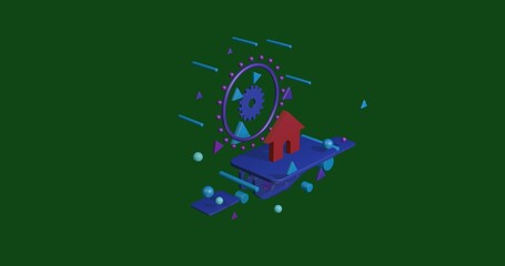 Red kennel symbol on a pedestal of abstract geometric shapes floating in the air. Abstract concept art with flying shapes in the center. 3d illustration on green background