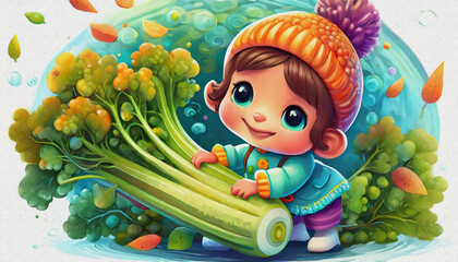 oil painting style CARTOON CHARACTER CUTE BABY Children Exploring a celery on a Chilly Autumn Day