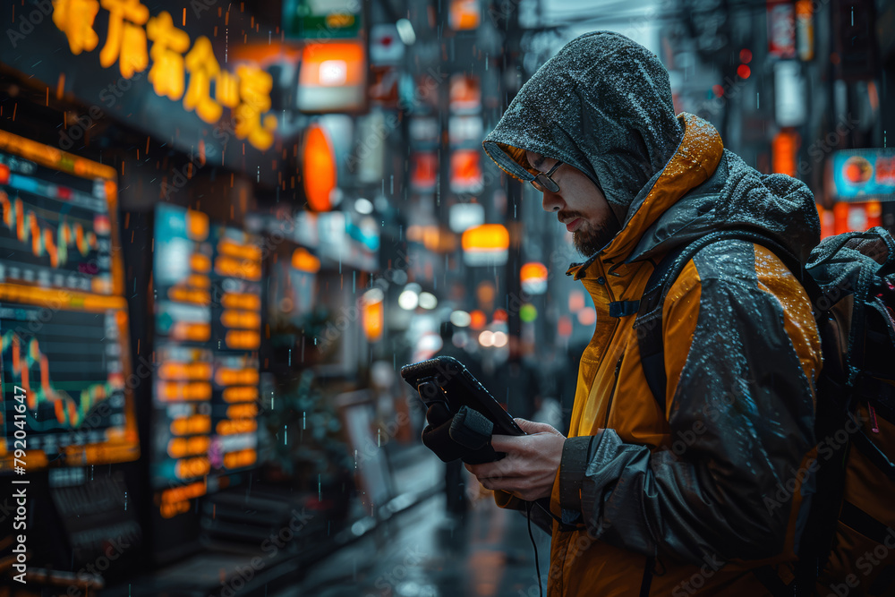 Poster a trader monitoring stock prices on a mobile device while commuting, seizing trading opportunities o