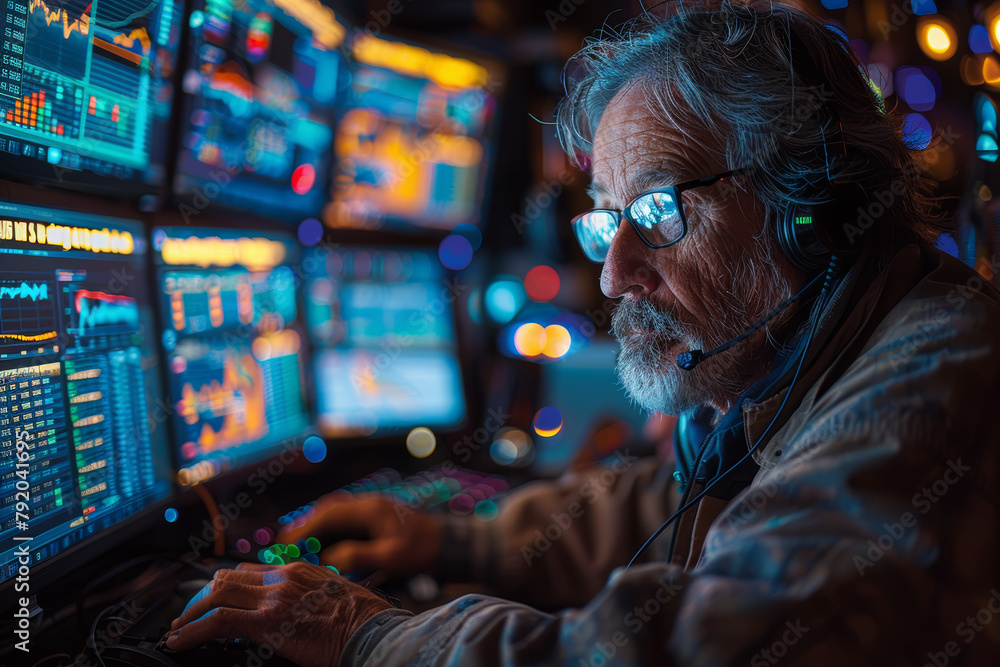 Poster a day trader executing rapid buy and sell orders in front of multiple computer screens, capitalizing