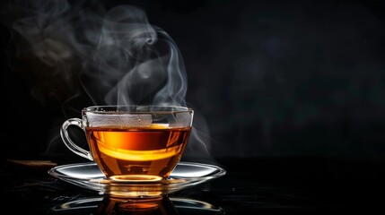 A steaming cup of aromatic tea in a clear glass cup sits on a reflective black surface. The warm glow of the tea and the delicate bubbles on its surface create an inviting and relaxing atmosphere.