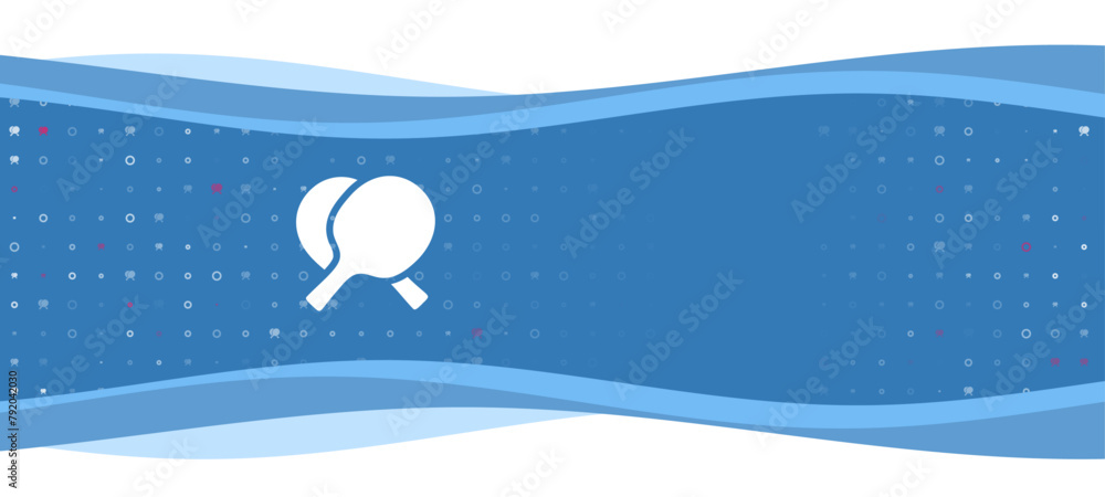 Poster blue wavy banner with a white crossed ping pong rackets symbol on the left. on the background there 