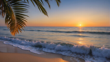 Serene ocean sunset scene framed by the graceful arch of palm fronds against the horizon.