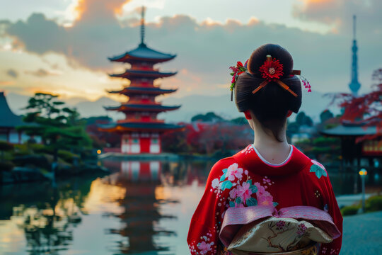 A woman in a red kimono stands in front of a red building. The image has a serene and peaceful mood, with the woman standing in front of the building and the water