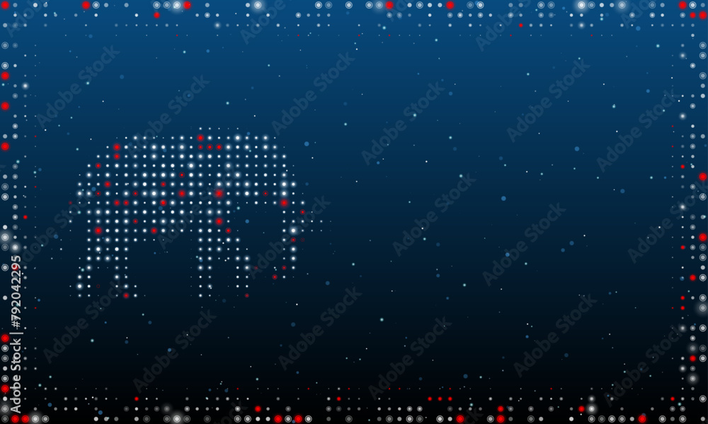 Poster on the left is the elephant symbol filled with white dots. pointillism style. abstract futuristic fr