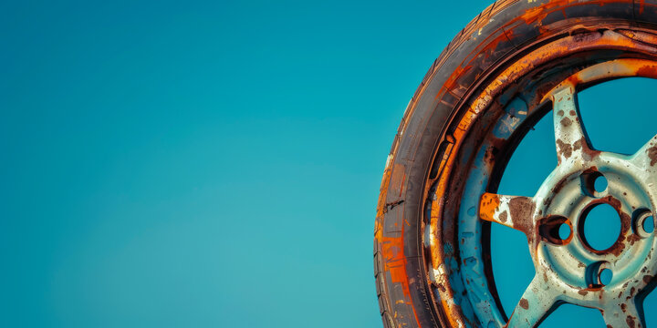 A rusted tire is on a blue background. The tire is old and worn, with a few scratches and dents. The blue background gives the image a calm and peaceful mood