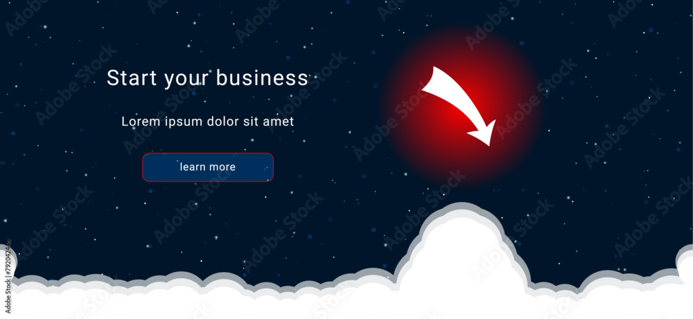 Aufkleber business startup concept landing page screen. the down arrow on the right is highlighted in bright r
