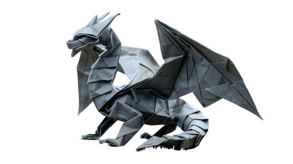  A minimalist paper art of a black origami dragon, transparent background, PNG Cutout