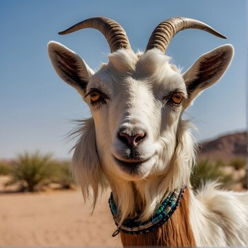 A white goat portrait with a collar on his neck.