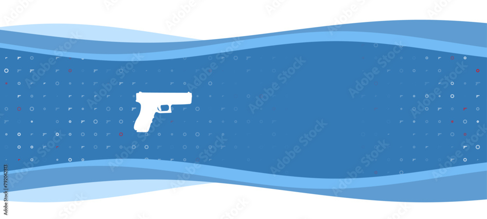Poster blue wavy banner with a white gun symbol on the left. on the background there are small white shapes
