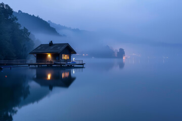 Obraz premium A small cabin sits on a dock in front of a lake. The water is calm and the sky is cloudy