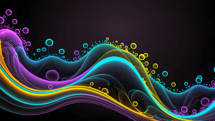 abstract fractal background. neon waves with bubbles on a black background. wallpaper