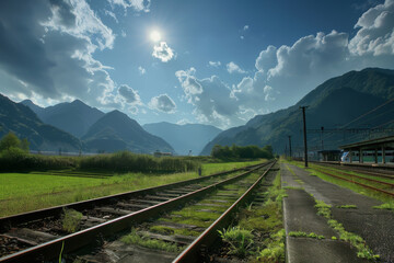 A train track with a mountain in the background. The sky is cloudy and the sun is shining