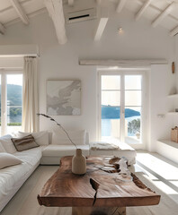 A large rustic wooden coffee table in the middle of an all-white living room overlooking a Greek island. The ceiling is painted white with wooden beams