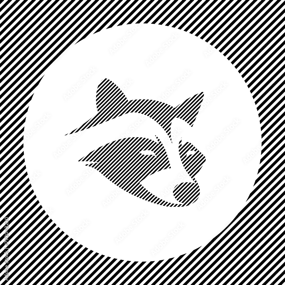Poster a large raccoon head symbol in the center as a hatch of black lines on a white circle. interlaced ef