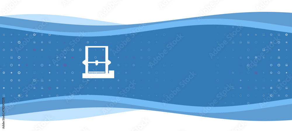 Poster blue wavy banner with a white 3d printer symbol on the left. on the background there are small white