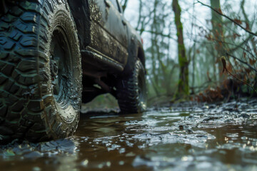 A dirty truck with mud on the tires is driving through a muddy forest. Concept of adventure and the ruggedness of the terrain