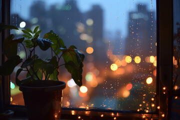 A potted plant sits on a windowsill in a cityscape. The city lights are reflected in the raindrops on the window, creating a serene and peaceful atmosphere