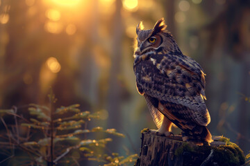 A large owl is perched on a tree stump in a forest. The owl is looking to the right, and the sun is shining through the trees, creating a warm and peaceful atmosphere - obrazy, fototapety, plakaty