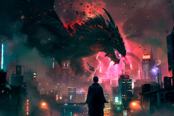 A man stands in front of a dragon in a city. The dragon is surrounded by smoke and fire, and the man is looking up at it. The scene is dark and ominous, with the city in the background