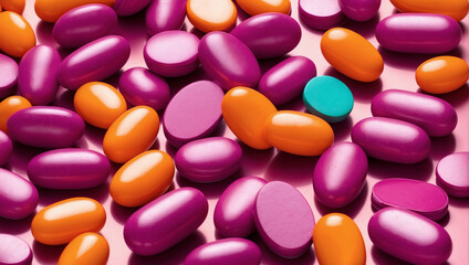 Obraz na płótnie Canvas Teal and magenta pills in orange light.