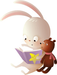 Cute teddy bear and bunny stuffed soft toys reading a book together. Animals bear and rabbit reading book illustration for children. Isolated vector character clipart in watercolor colors for kids.