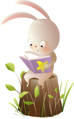 Cute rabbit or bunny in the forest reading a book, sitting on a tree stump. Animal reading book in nature illustration for children. Isolated vector character clipart in watercolor colors for kids.