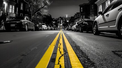 A street in San Francisco with yellow lines, at night, award winning black and white photographydouble exposure