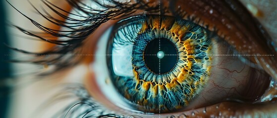 Closeup of eye with reticle overlay illustrating laser eye glaucoma treatment. Concept Ophthalmology, Glaucoma, Laser Treatment, Eye Health, Reticle Overlay - obrazy, fototapety, plakaty