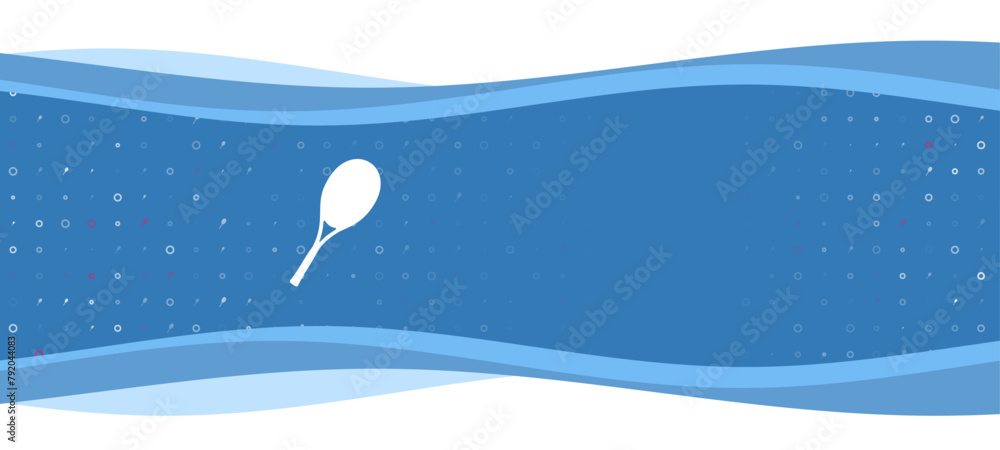 Poster blue wavy banner with a white tennis racket symbol on the left. on the background there are small wh